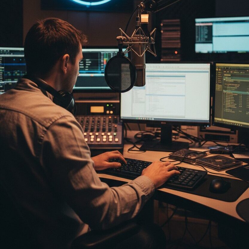 Ein Radiomoderator sitzt vor mehreren Computerbildschirmen und einem Mikrofon in einem Studio.